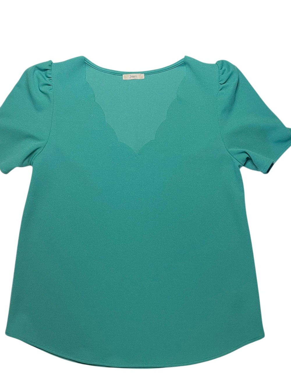 Jodifl Women’s Green Top Scalloped V-Neck Puff Sleeve Blouse Size Small